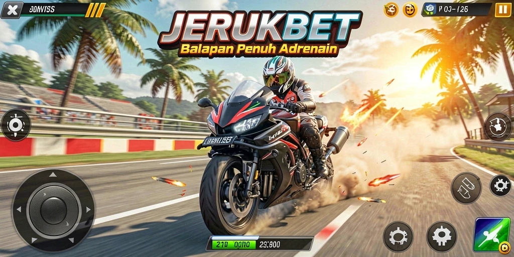 Gameplay seru dalam JERUKBET dengan balapan motor yang mendebarkan.