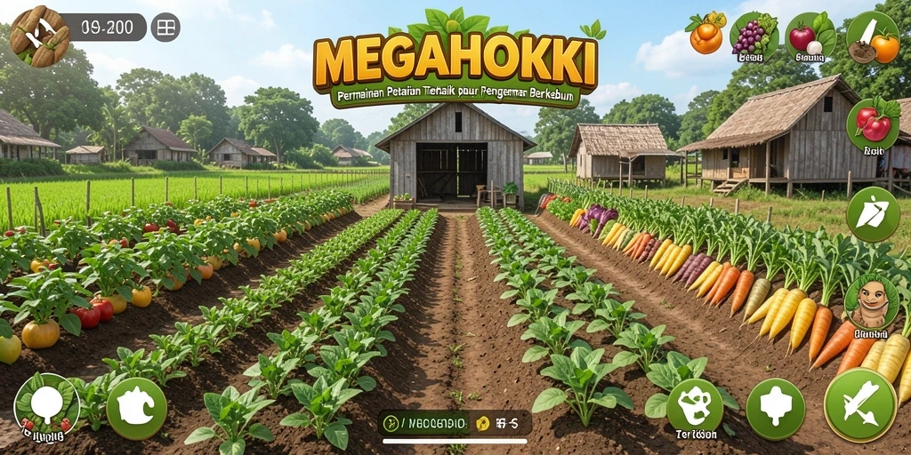 Tangkapan layar dari gameplay <strong>MEGAHOKI</strong> yang menunjukkan aktivitas bertani yang seru.