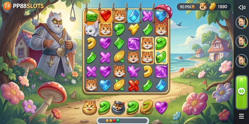 Tampilan gameplay seru PP88SLOTS dengan puzzle Match-3 yang menarik.
