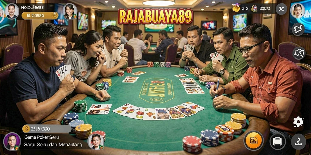 Tampilan gameplay seru dalam RAJABUAYA89 dengan meja poker aktif.