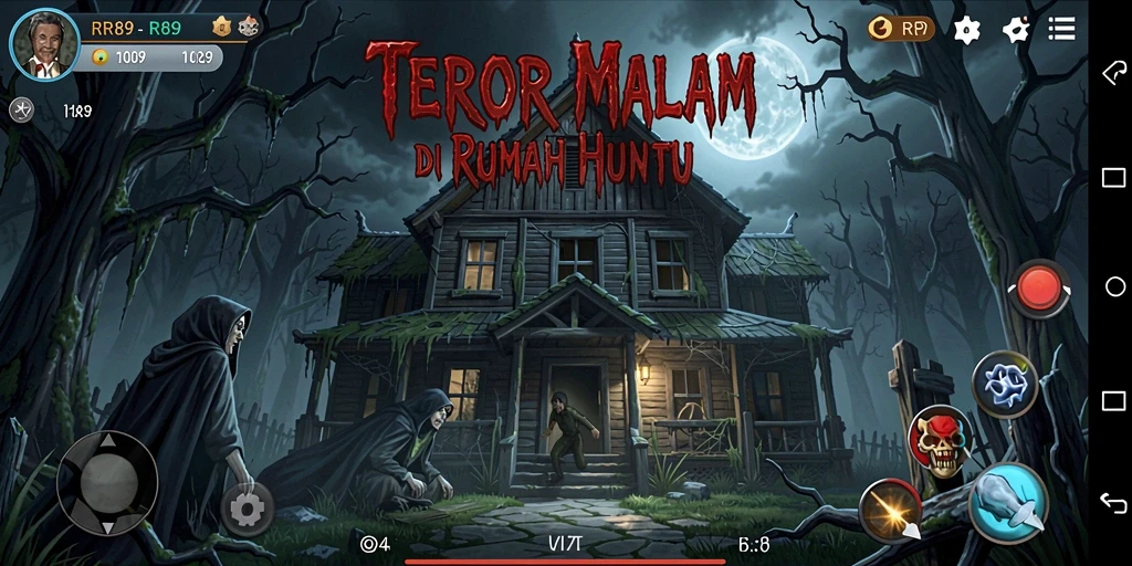 Tampilan gameplay RR89 yang menakutkan di rumah hantu.